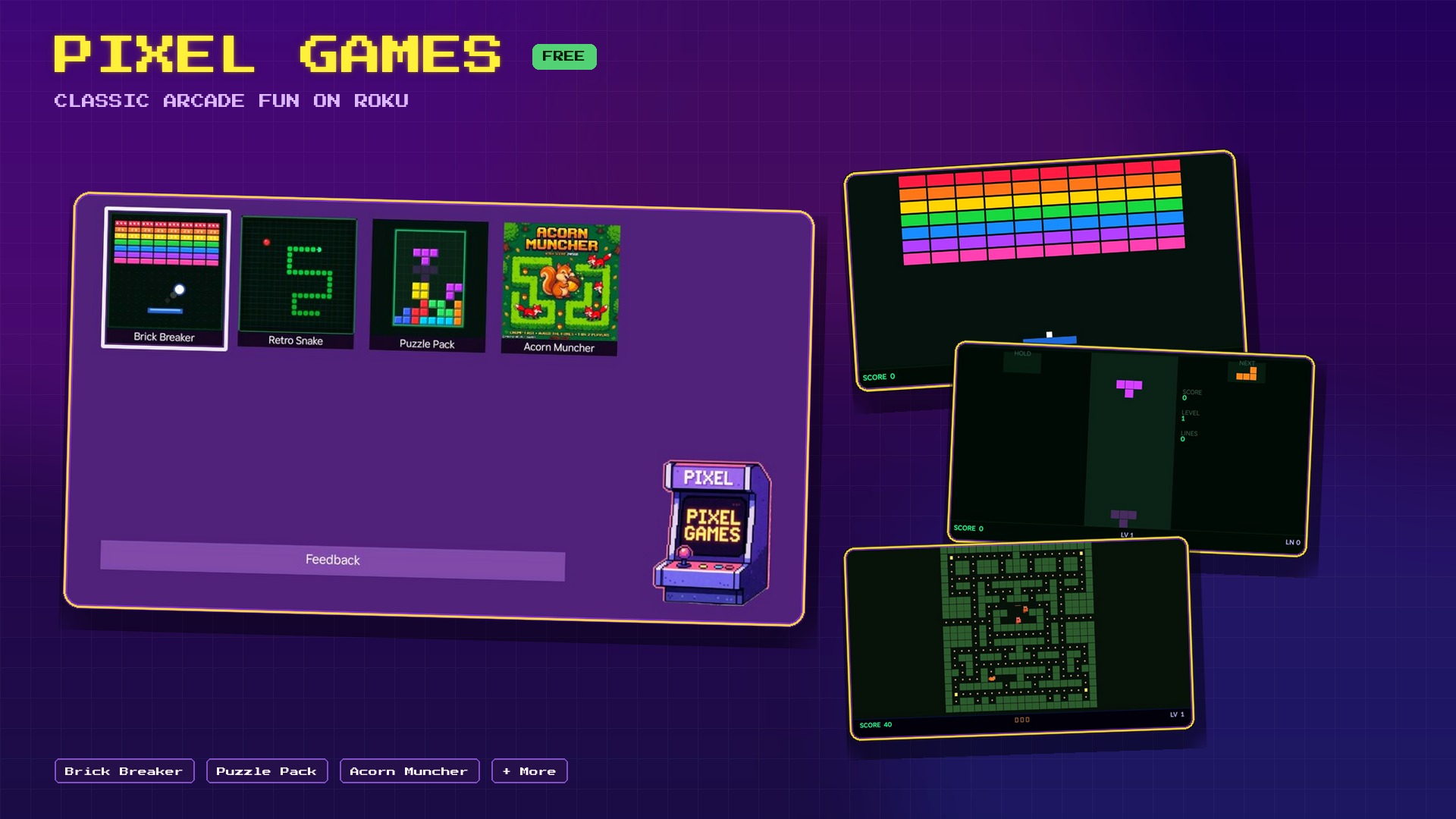 Pixel Games on Roku — home menu and gameplay from Brick Breaker, Puzzle Pack, and Acorn Muncher