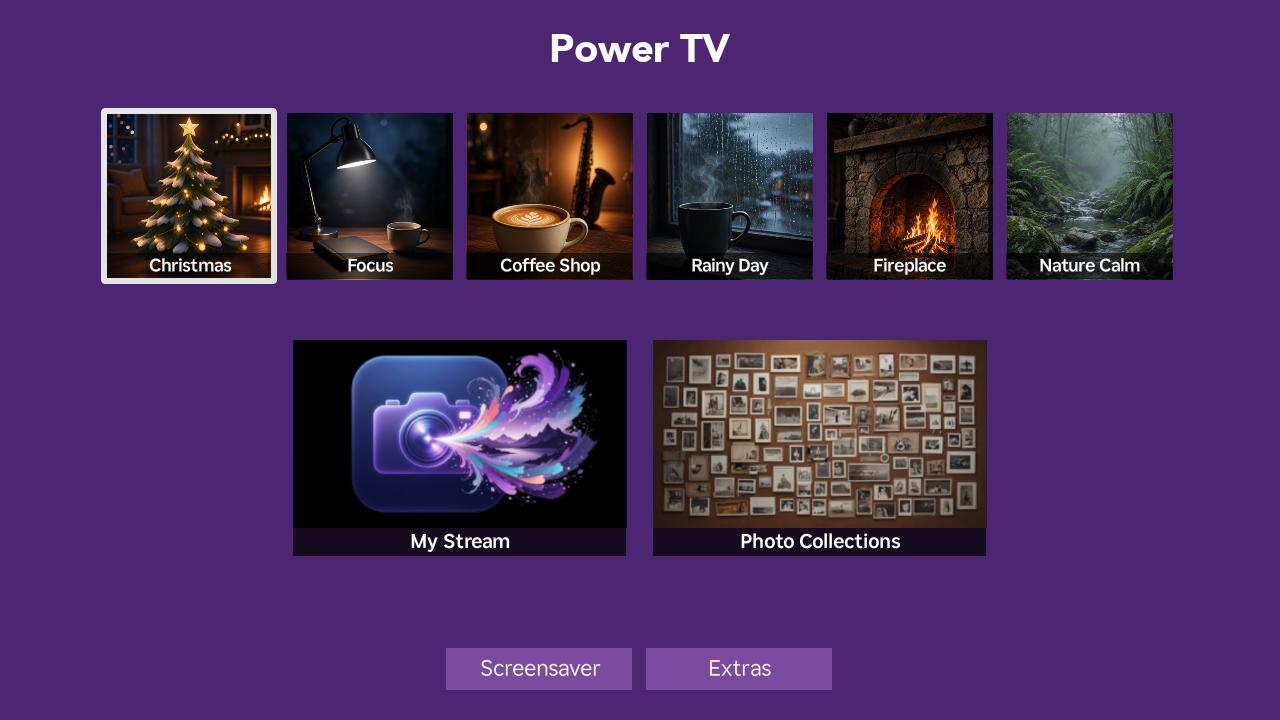 PowerTV home screen showing Moods, My Stream, and Photo Collections